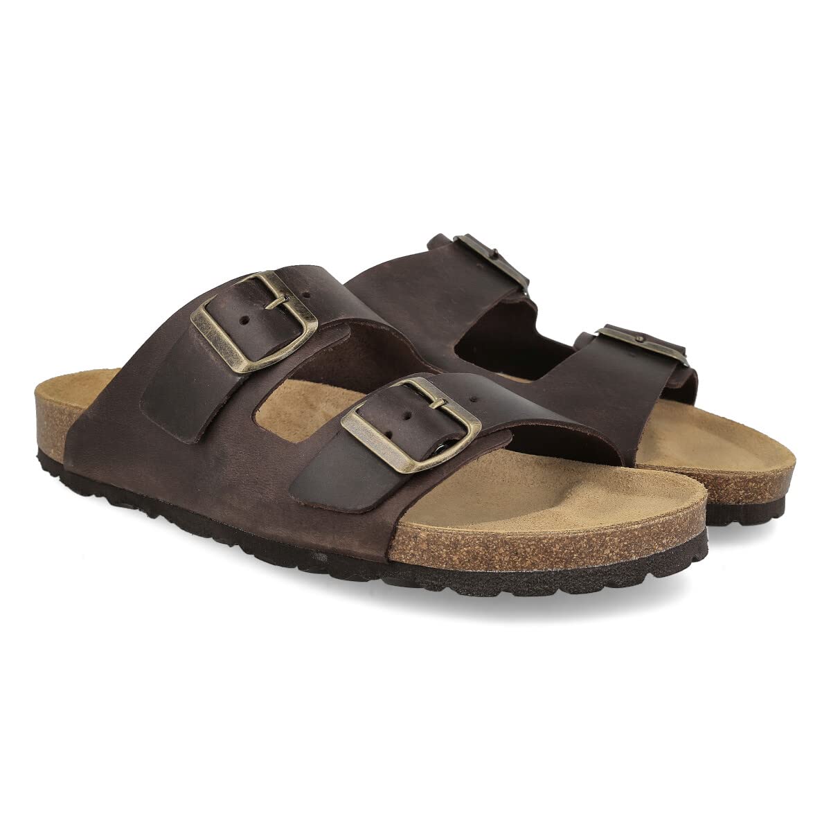 Sandales en Cuir pour Homme Femme Unisex. Deux Boucles. Bout Ouvert. Tongs Confortables. Bio Semelle Anatomique. Marron, Noir, Cuir.