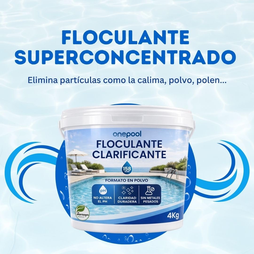 ONEPOOL Floculante en Polvo 158 Dosis 4 kg | Clarificador para Agua Turbia | Mejora la Filtración y Transparencia | Compatible con Piscinas Desmontables y Enterradas