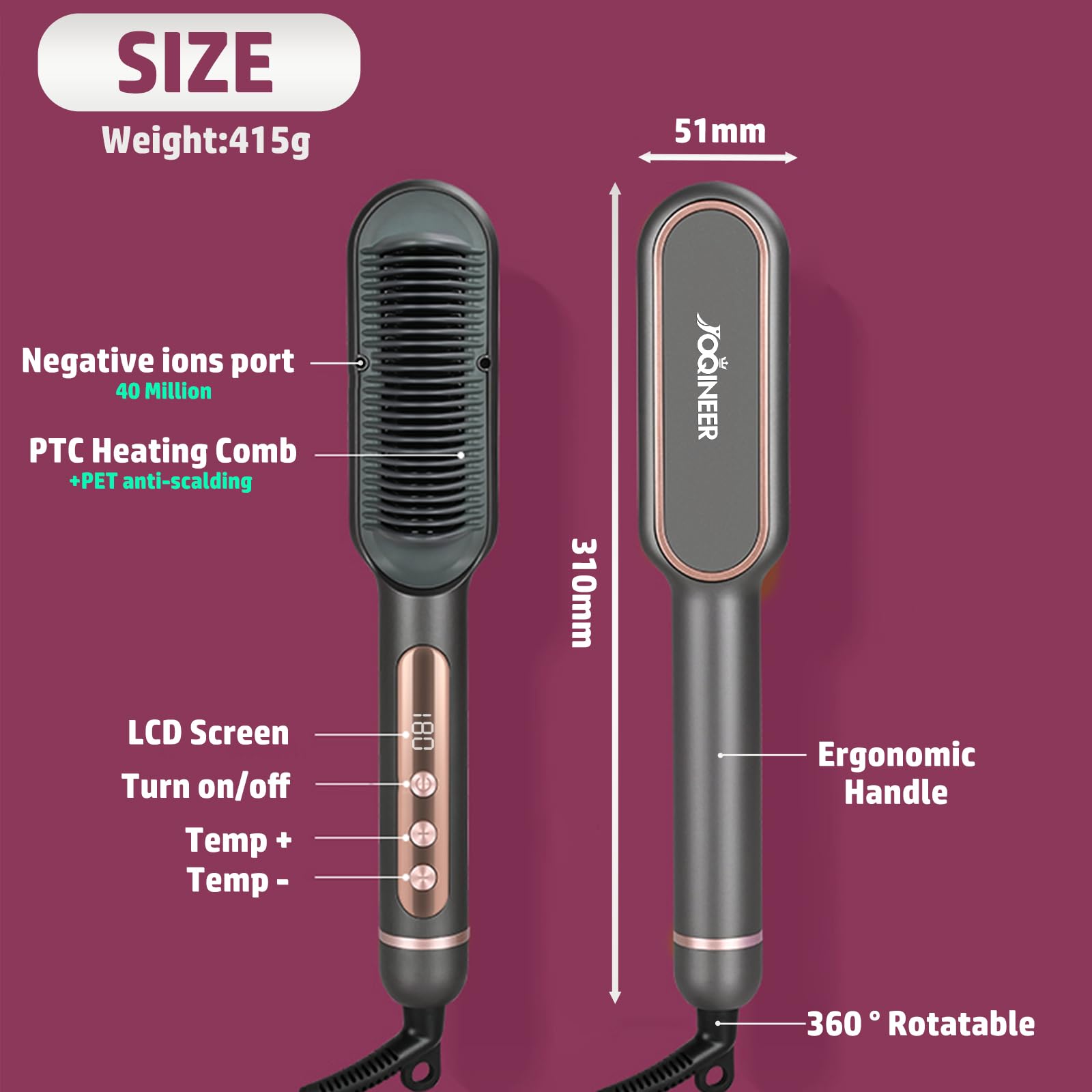 Negative Ionic Hair Straightener Brush-Upgrade Straightening Comb with Negative Ions,9 Temp Settings & LED Display,Anti-Scald - Image 3