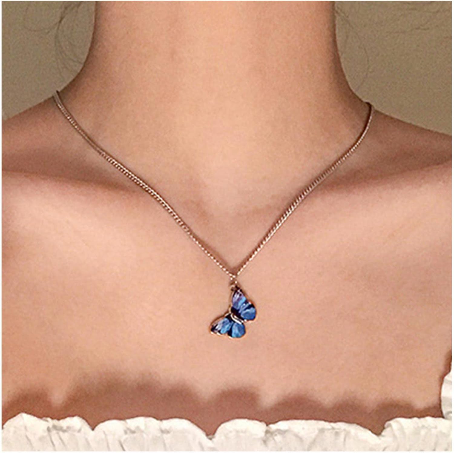 Andelaisi Boho Acrylic Blue Butterfly Necklace Enamel blue Butterfly Choker Necklace Vintage Silver Butterfly Pendant Necklace Minimalist Butterfly Chain Necklace Jewelry for Women and Girls - Image 2
