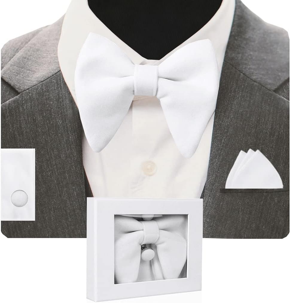 Velvet Bow Tie Men's Bowties Pocket Square Cufflinks Set with Gift Box Solid Necktie for Man Wedding