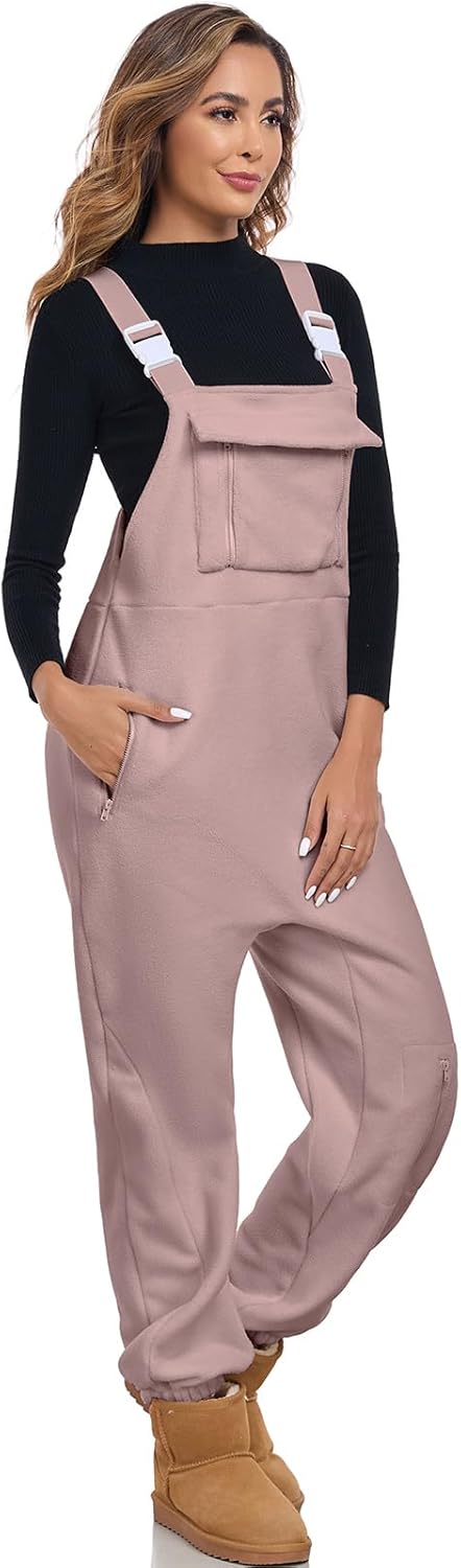 ALSOGO Women's Fleece Warm Overalls Winter Adjustable Strap Bibs Loose Casual Jumpsuits Fuzzy Ski Pants with Pockets