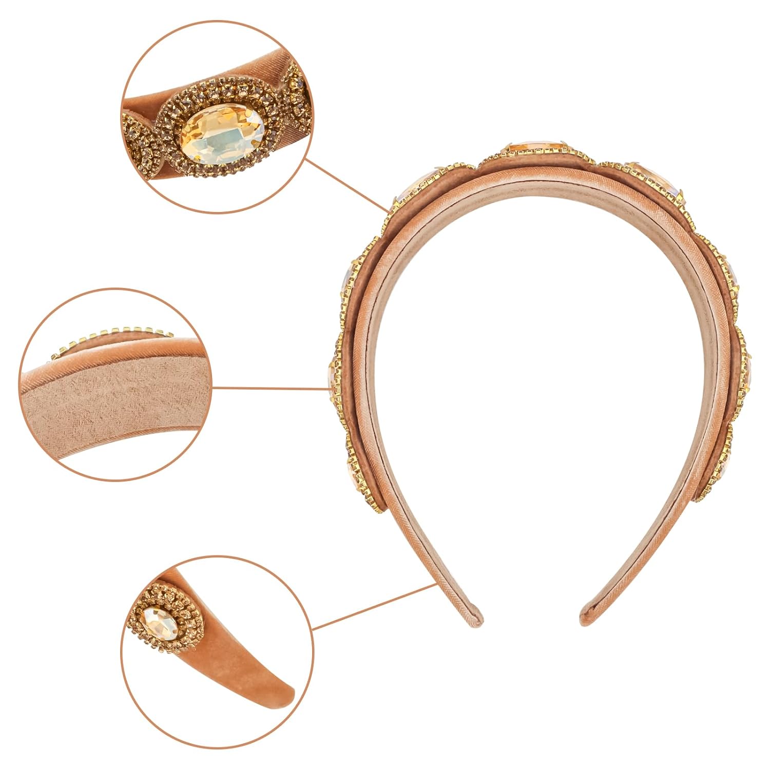 Gold Baroque Headband - Rhinestone Satin Padded Crystal Headband for Women & Girls - Vintage Sparkle Bejeweled Champagne Gold Hair Accessory - Image 3