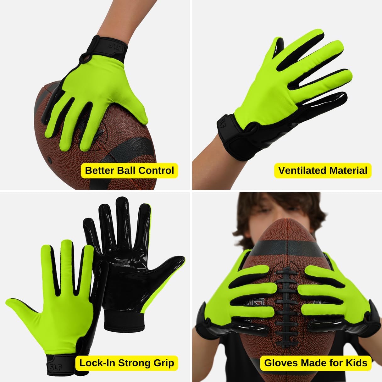 SLEEFS Youth Football Gloves for Boys & Girls - Wide Receiver Football Gloves with Sticky Grip for Catch Control - Lightweight, Breathable Fit - Durable Kids Glove, Youth Small or Large