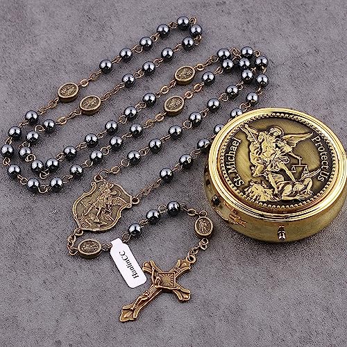 HanlinCC Hematite Black Stone Beads Saint Michael the Archangel Catholic Rosary Necklace with Gold Metal Gift Box for Men Women2
