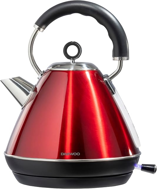 Daewoo Kensington 1.7L, 3000W Fast Boil Pyramid Kettle, Stainless Steel Body with Cordless Rotational Base and Concealed Heating Element, Space Saving Cord Storage and LED Indicator- Red