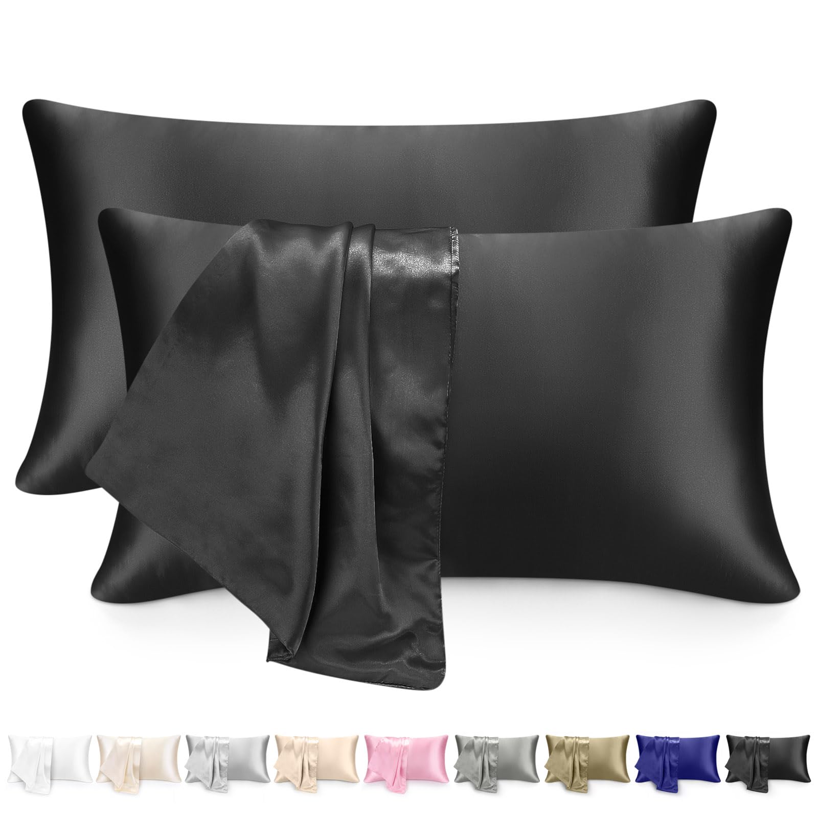 Satin Silk Pillowcases For Hair And Skin 2 Pack Standard Size with Envelope Closure (2 Pcs Pillowcases (50 x 75 cm) (Black)