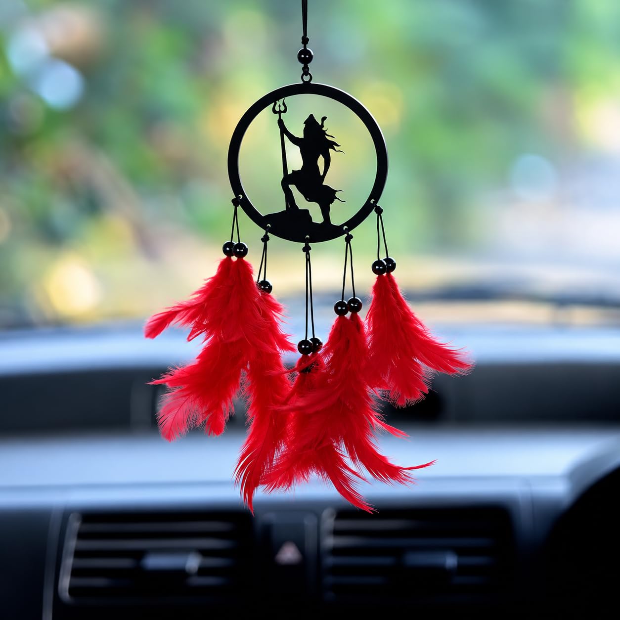 Shiva Trishul Dream Catcher Car Decoration Items Interior Spiritual Charm Car Hanging Accessories Interior Protection Ornament for Positive Vibes Car Mirror Hanging Gift - Black & White-image-39