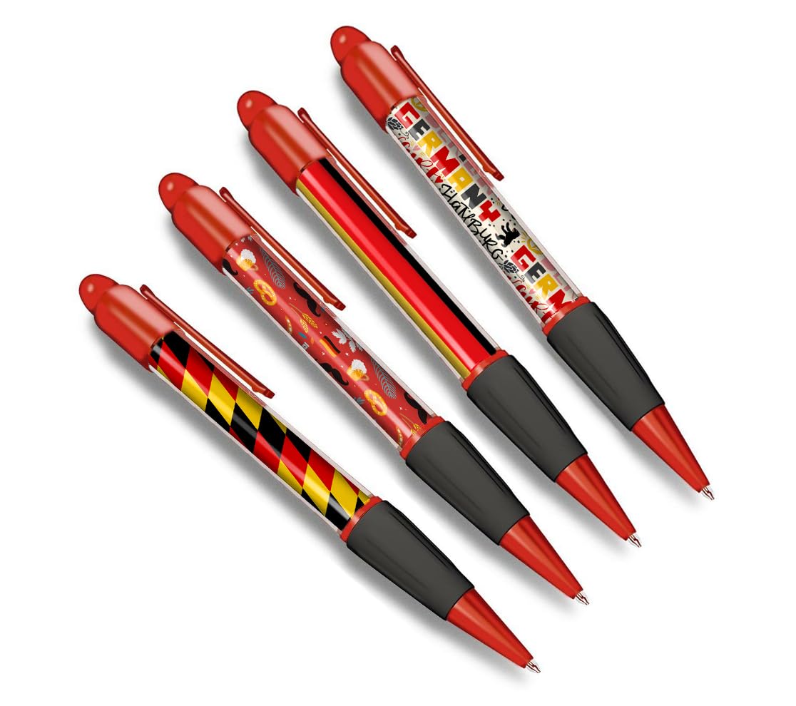 DV DESIGN Set of 4 Germany Red Ballpoint Pens - German Pattern Flag Travel Holiday Stationary Boys Girls Men Women Theme Pen Black Ink #81369