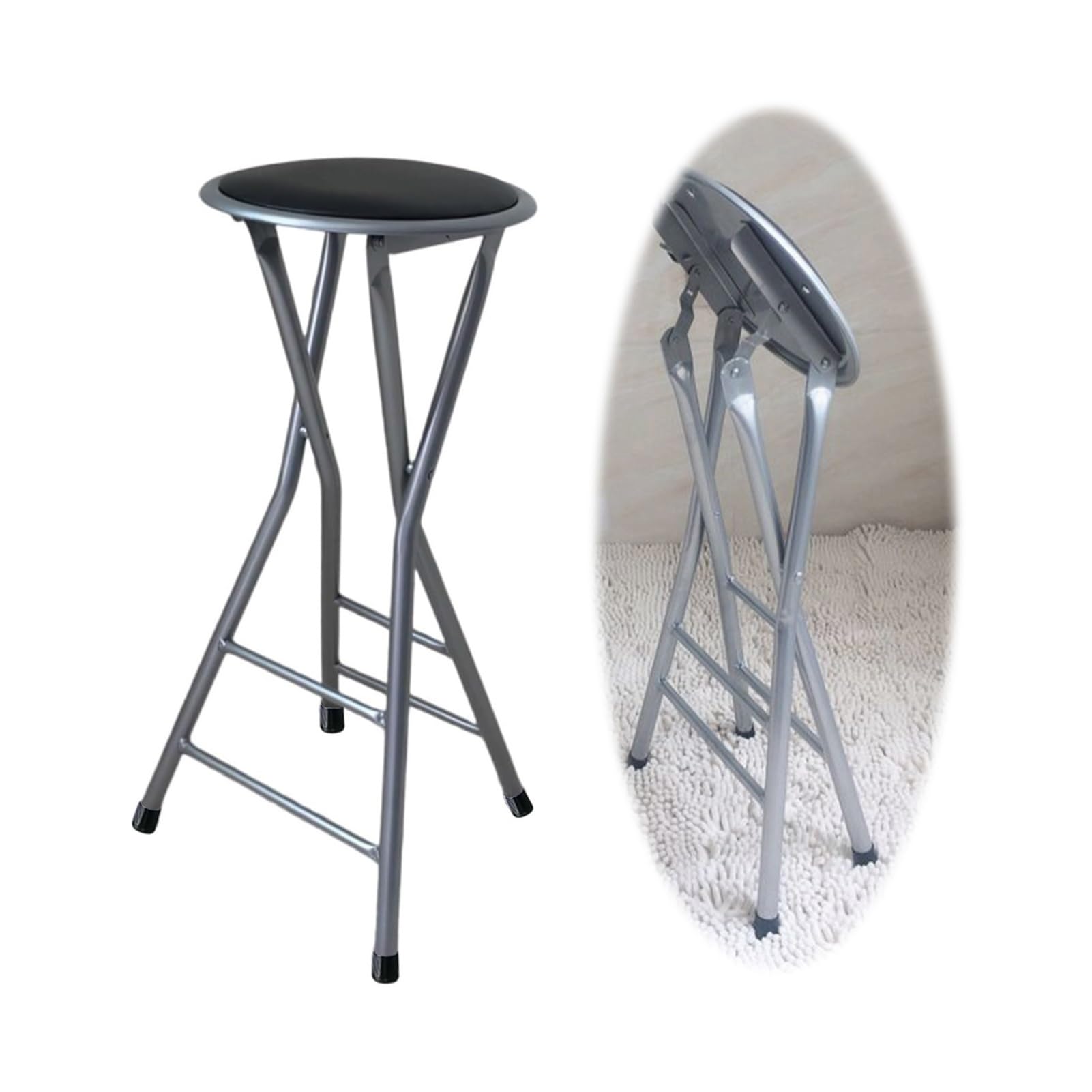 Taburete Redondo Acolchado Plegable de 60cm, Taburete Alto, Silla Alta Sin Respaldo con Capacidad para 100Kg, Negro (Size : Set of 1)