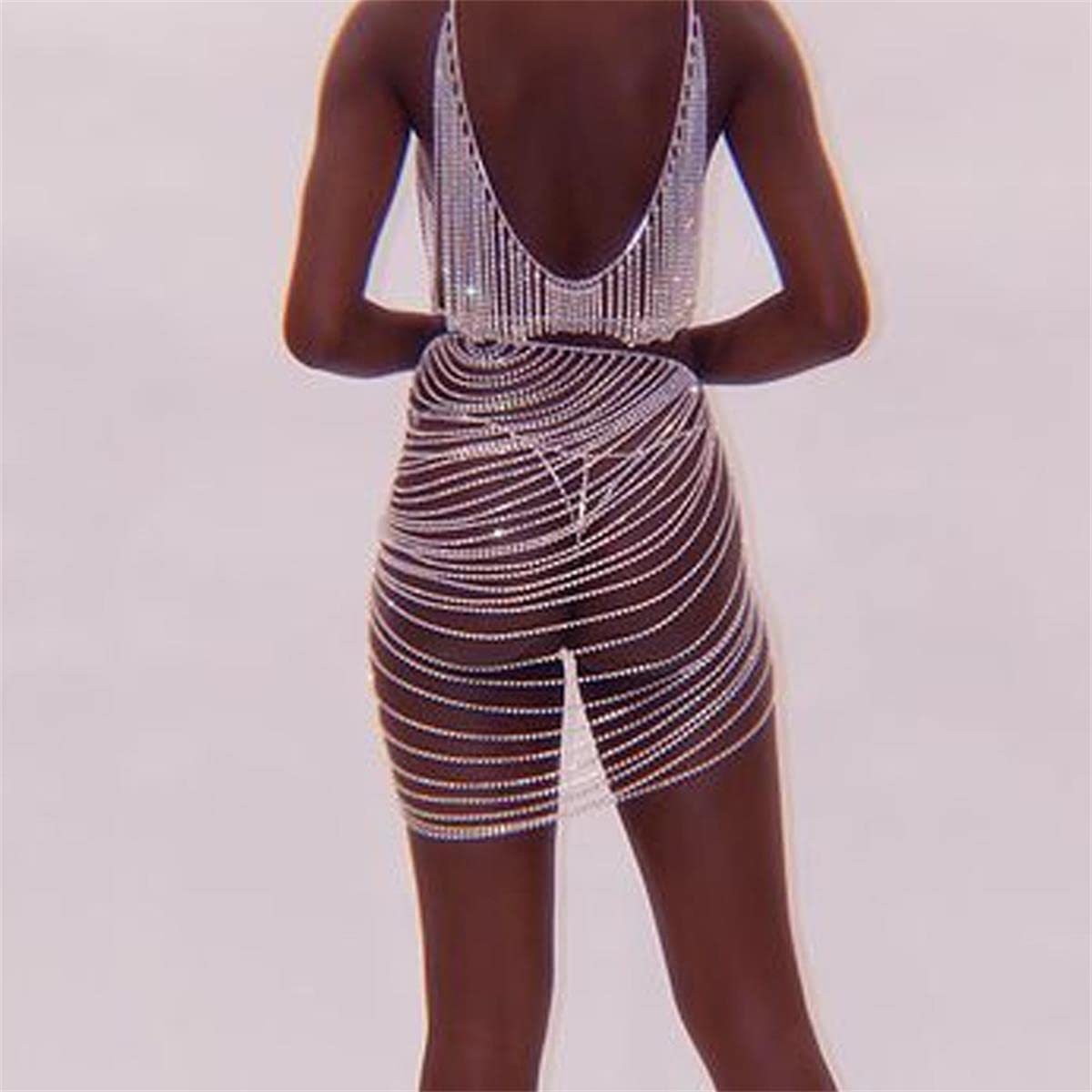 Woman Sexy Body Chain Chest Chain Rhinestone Fringed Panties Bra Chain Crystal Bikini Lingerie (Silver)