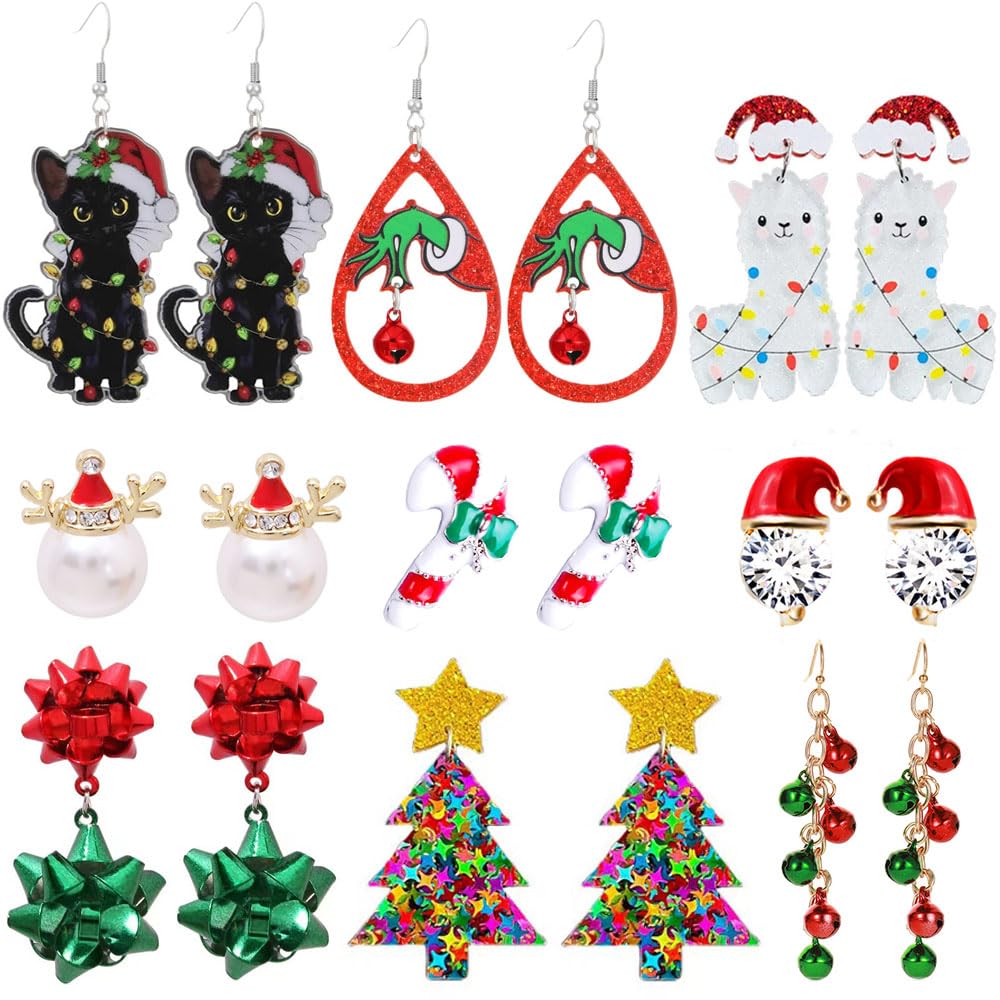 9 Pairs Christmas Earrings for Women Candy cane earrings Christmas tree Cat Alpaca Acrylic earrings set Cute Christmas Party Holiday Gift