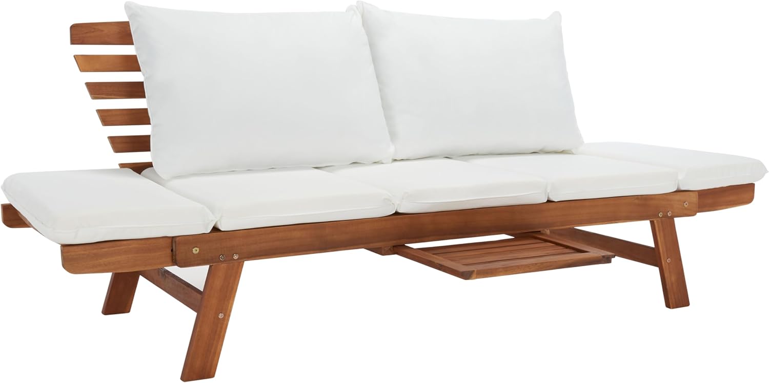 SAFAVIEH Outdoor Collection Emely Natural Acacia Wood/Beige Cushion Expandable Loveseat Daybed