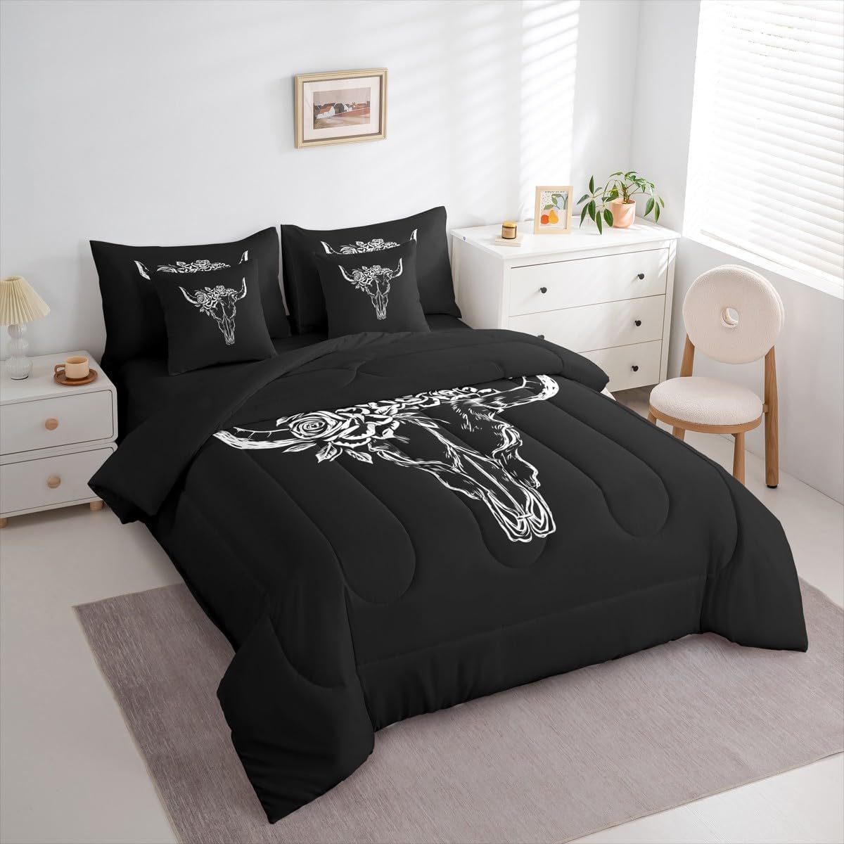 Erosebridal Bull Skull 7 Piece Bedding Set Full Bohemian Comforter Set with Sheets Simple Line Drawing Bull Head Aztec Bed in a Bag Rose Leaf Print Black White for Teens Men Women