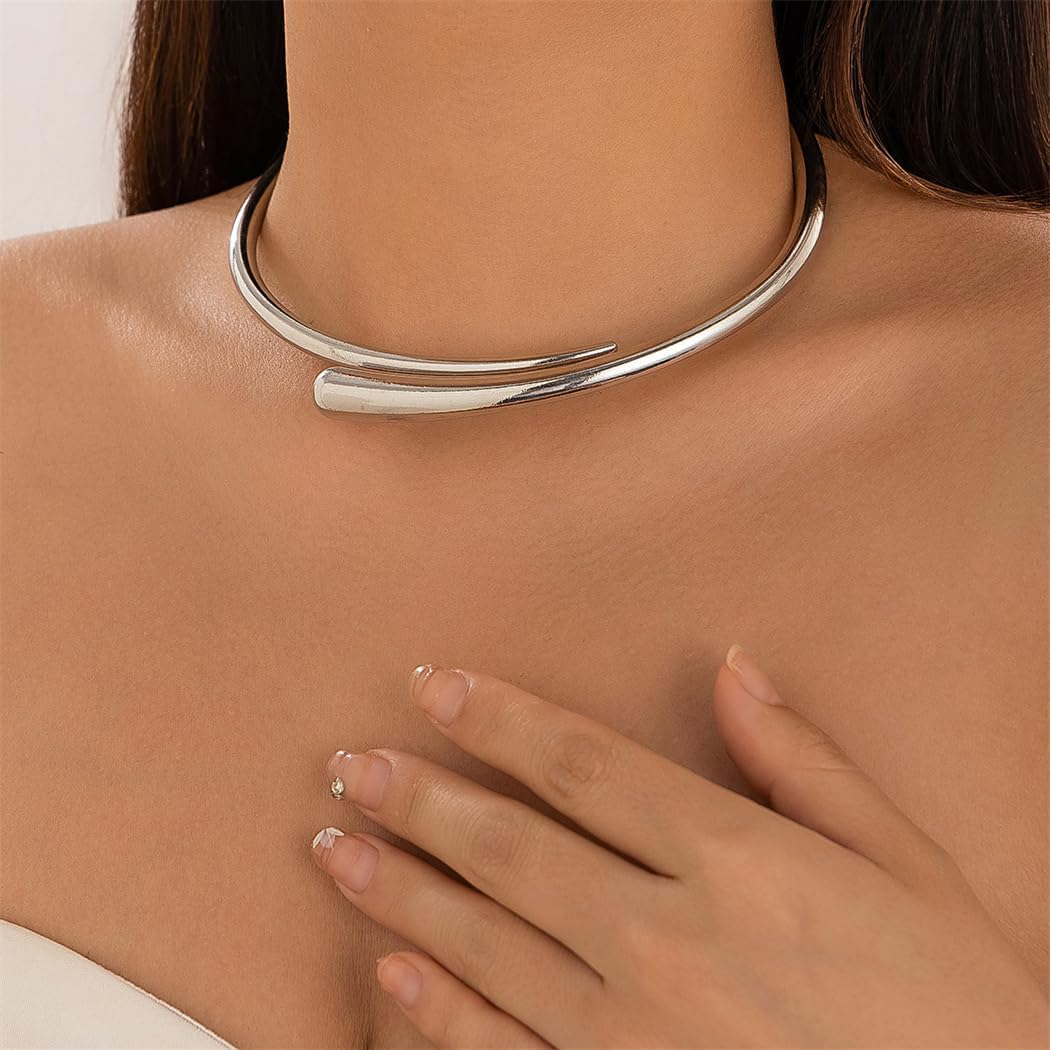 Mrotrida Women's Thick Chunky Metal Spring Open Necklace Creative Punk Geometric Smooth Metal Water Drop Choker Necklace - Image 6