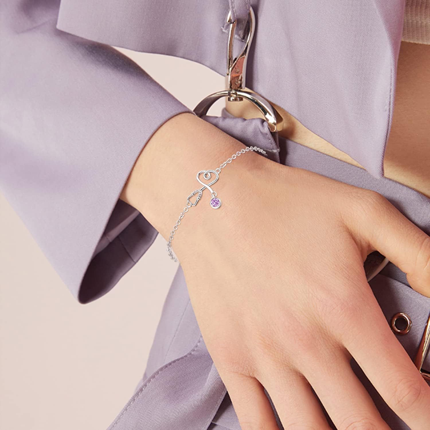 Palpitate Nurse Bracelet 925 Sterling Silver Women Birthstone Stethoscope Jewelry Nurse Gift to NR Nursing Graduation Birthday Adjustable Chain - Image 5