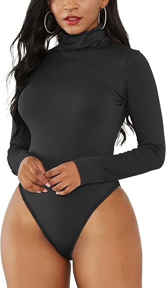 Women High Neck Top Bodysuit Long Sleeve Bodycon Romper Solid Thong Leotard