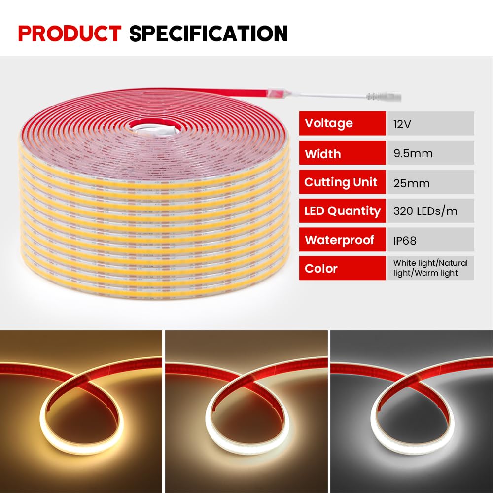 KISUFU 12V Cinta LED COB 320 LEDs/M DC Impermeable IP68 Tira de luz LED con fuente de alimentación para interior y exterior de la cocina del hogar Decoración