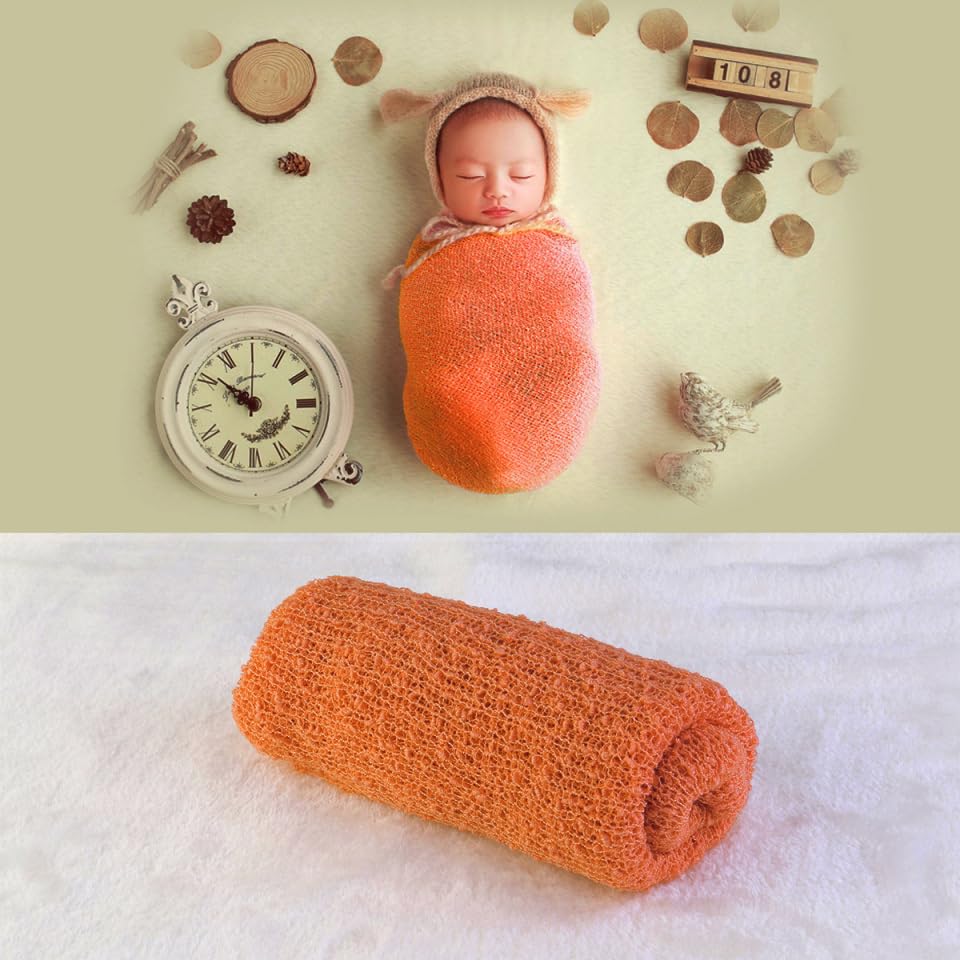 Image of NUOBESTY Newborn Baby Photography Stretch Wrap Orange Long Swaddle Blanket 59.05X15.74In Soft Open Weave for Photo Props and Nursery Decor