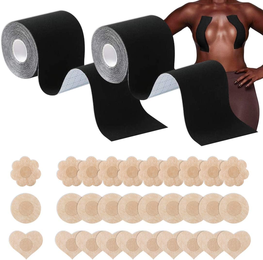 Hsajs Women's Black Body Tape Strapless Bra2 Rolls, Adhesive Sticky Bra With 15 Pairs Satin Petal Nipple Covers Push Up Invisible Body Tape For A-E Cups,