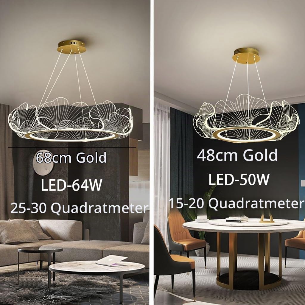 Kristall Kronleuchter Moderne Goldene LED Pendelleuchte 48/68cm Höhenverstellbare Fernbedienung Hängelampe Acryl Ginkgo Blatt Design Wohnzimmer Esszimmer Schlafzimmer Deckenbeleuchtung