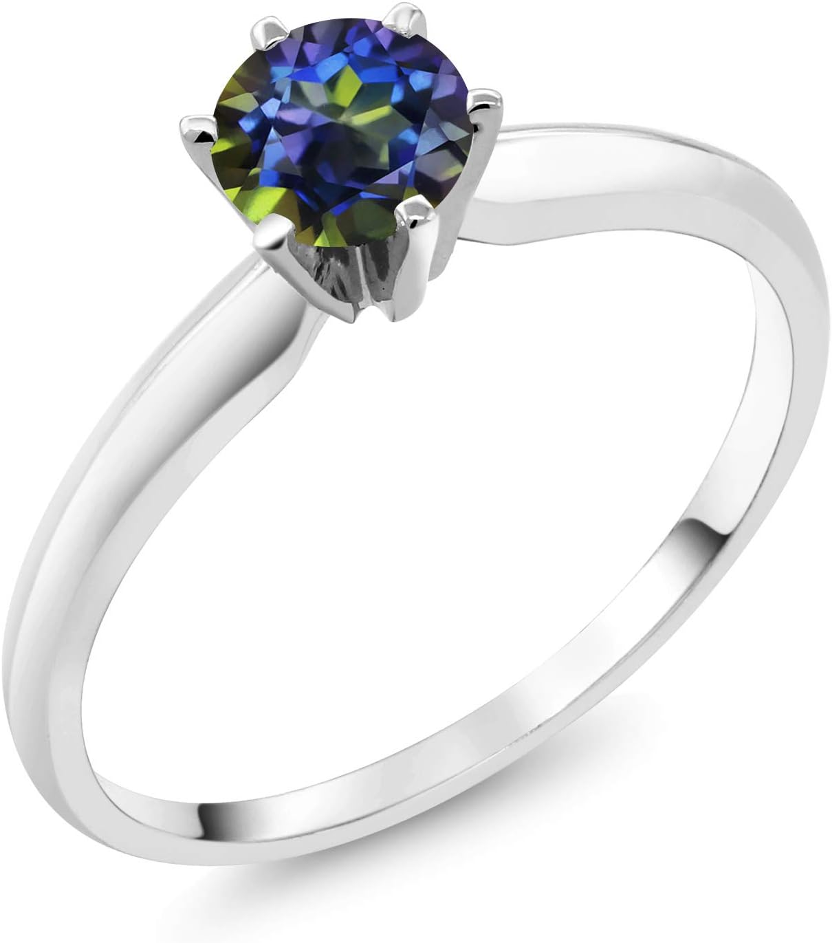 Gem Stone King 18K White Gold Blue Mystic Topaz Engagement Solitaire Ring For Women (0.50 Cttw, Round 5MM, Gemstone November Birthstone)