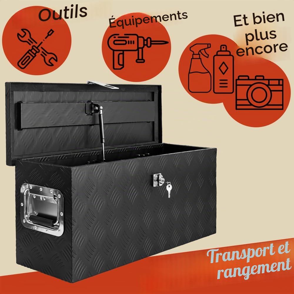 Trucky Boîte à Timon Noir Boîte à outils Caisse de camion Boîte en Aluminium Box de remorque avec couvercle Verrouillable Boîte de Transport Rangement D055