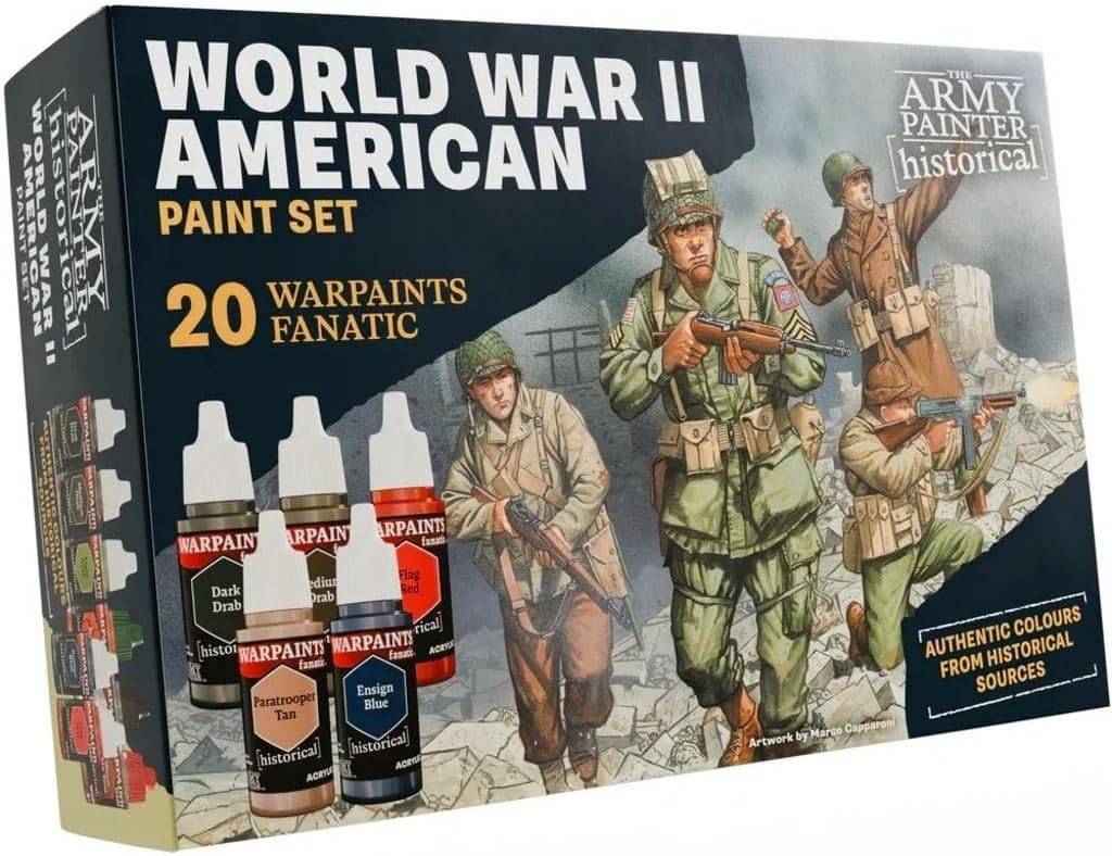 The Army Painter Historical, WWII American Paint Set, 20 x 18 ml Warpaints Fanatic, 14 Acrylic, 4 Washes, 1 Effect & 1 Metallic, Miniature Paint for U.S. Armed Forces in World War II