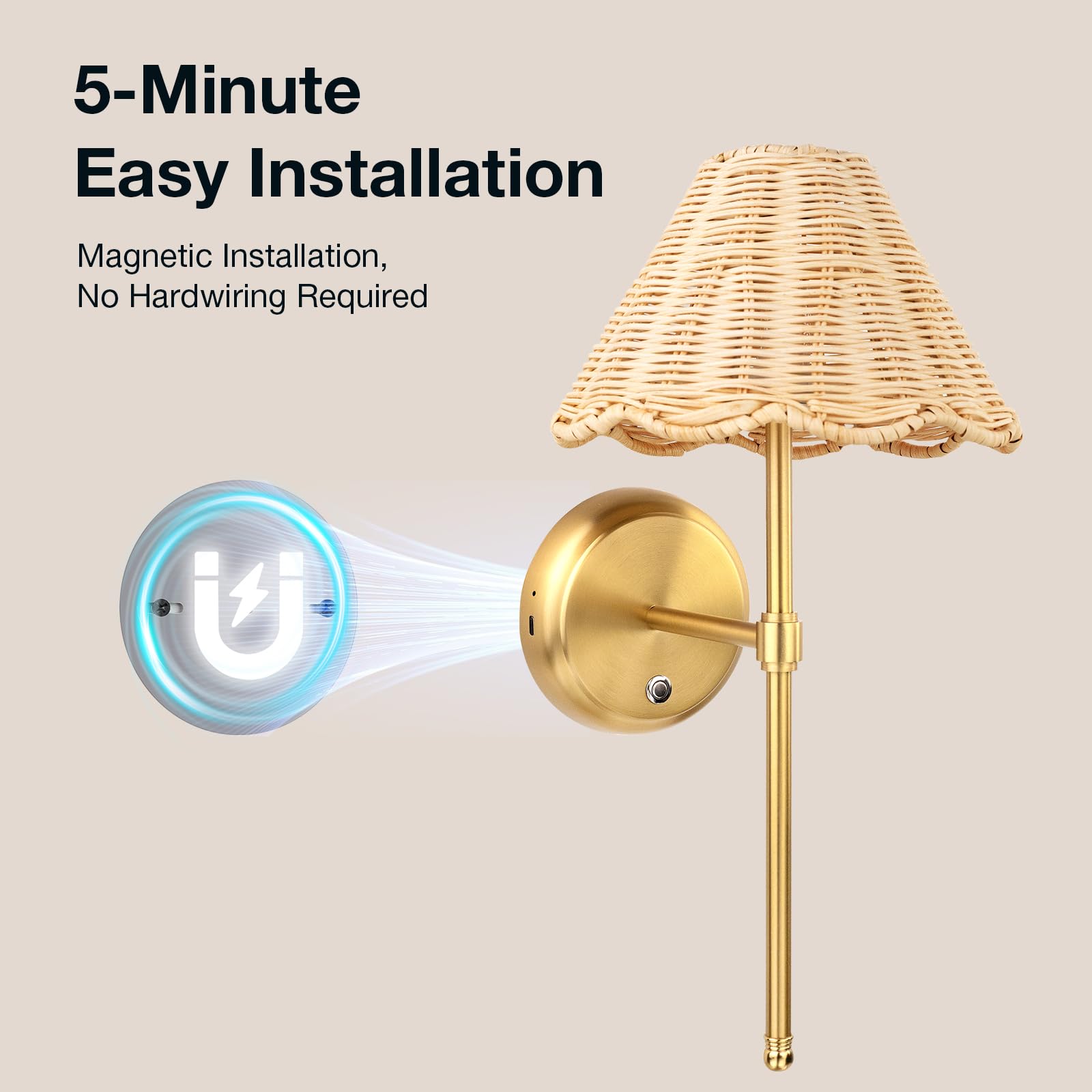 Juego de 2 apliques de pared de ratán bohemio que funcionan con pilas, lámpara de pared magnética de atenuación continua, batería recargable de 5200 mAh y LED integrado, para sala de estar