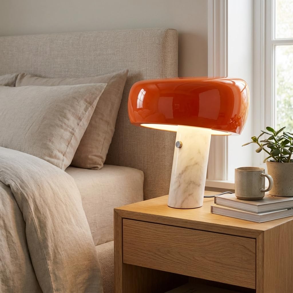 BARCELONA LED Lámpara de Mesa Moderna Naranja con Base de Mármol Blanco, Diseño Clásico y Lujoso para Escritorio, Mesita de Noche o Sala, Estilo Retro y Elegante Pequeña Luz Directa E27, 28cm