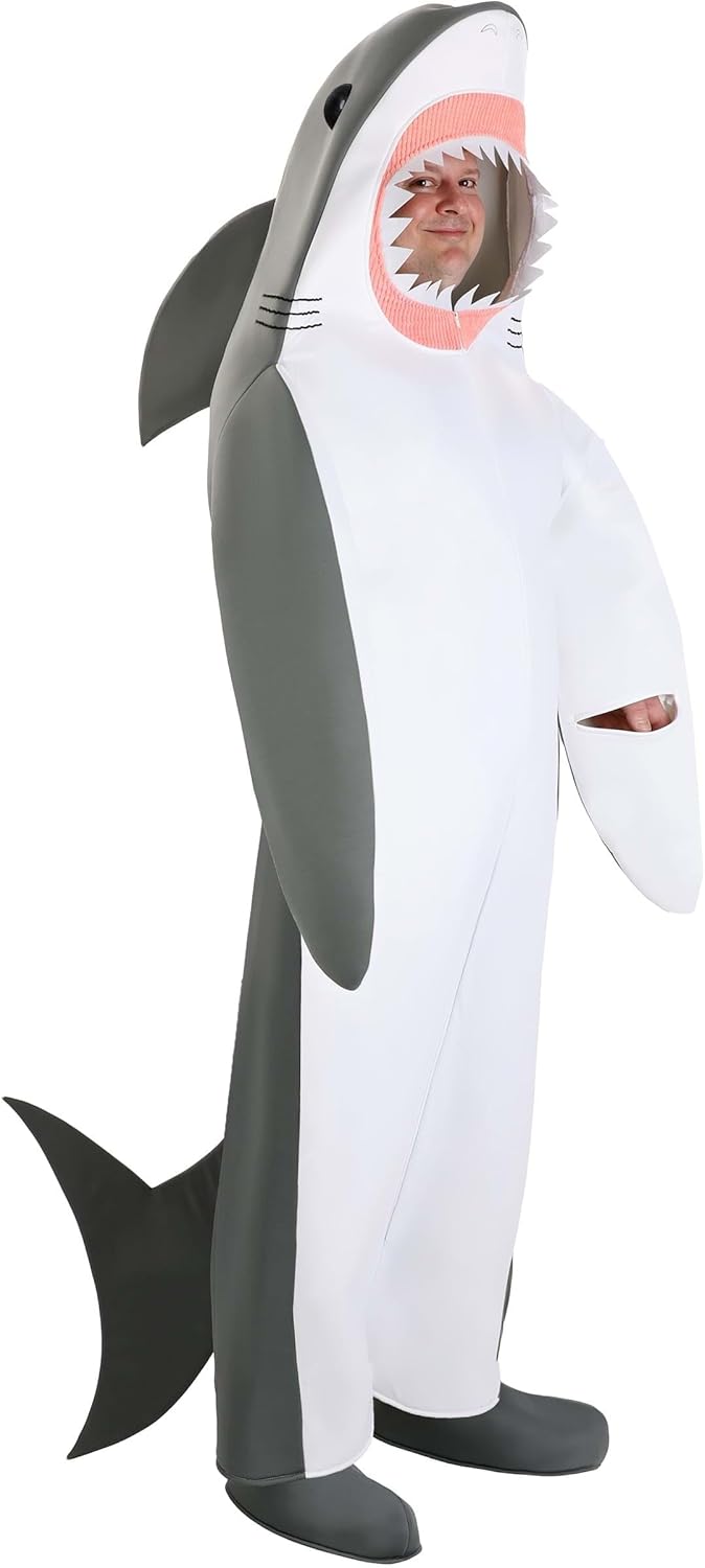 Adult Plus Size Great White Shark Halloween Costume, Predator Sea Creature Jumpsuit With Attached Fins