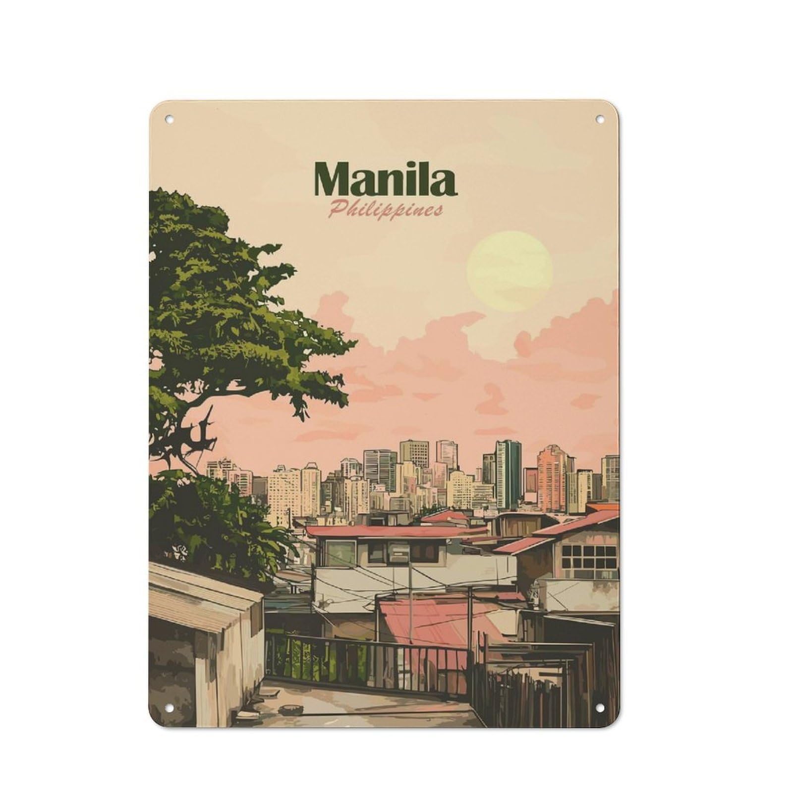 Urban Metal Wall Art Sign 40x30cm Featuring Manila Philippines Cityscape Art, Urban Room Decor for Modern Home, Workshop, Office Or Cafe