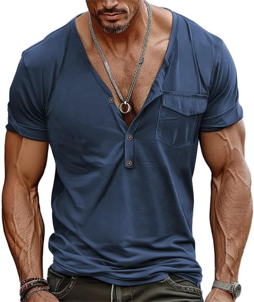 - Henley Shirts for Men V Neck T Shirts Button Placket Classic Short Sleeve Muscle Shirts Fitted Tshirts with Pocket