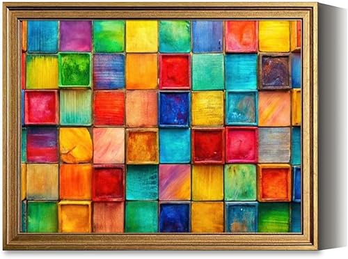 Vintage Framed Wall Art abstract painting colorful squares Canvas Paintings Wall Decor Pictures Posters Prints for Living Room Bathroom Bedroom