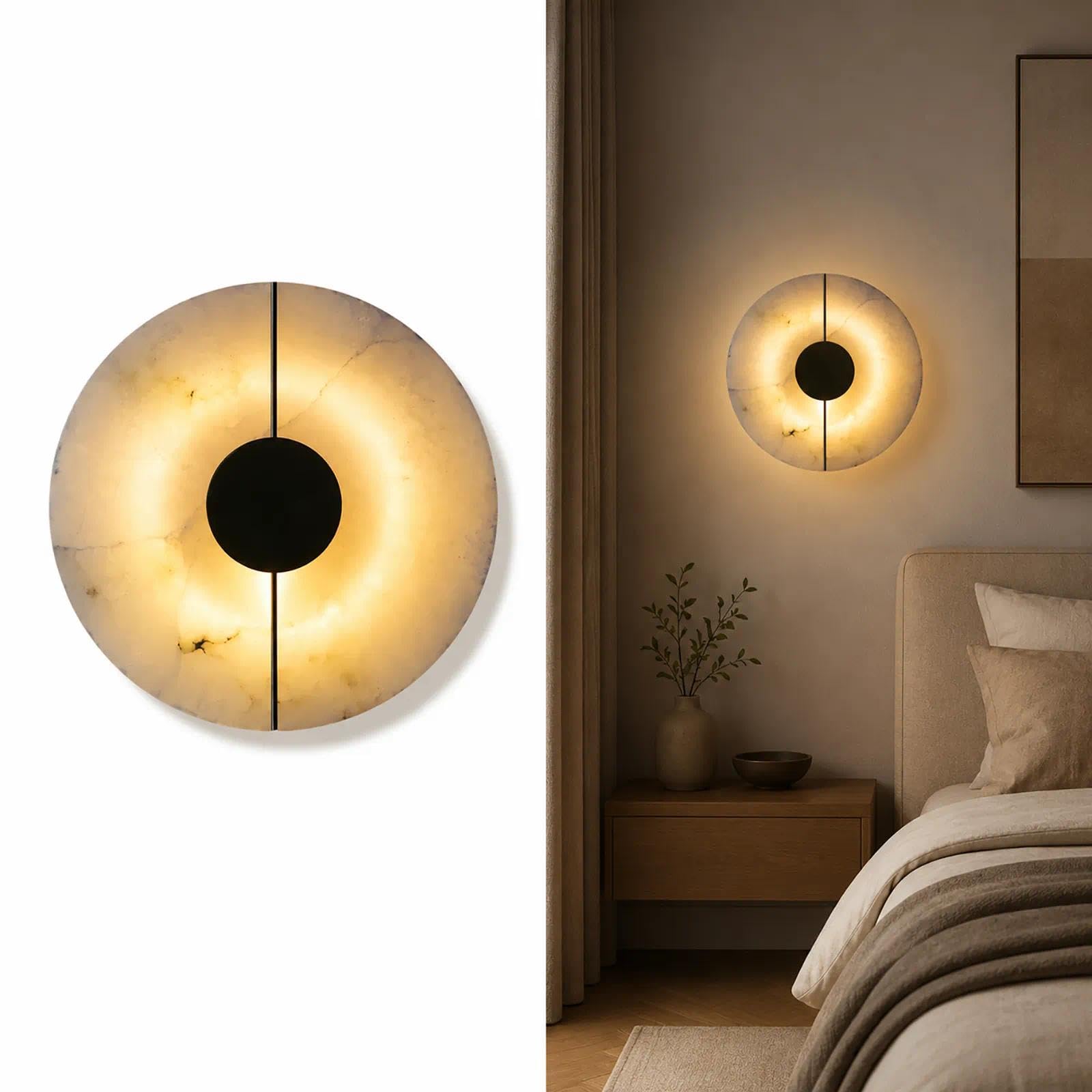 Alabaster Wall Sconce, Modern Round Marble Wall Light with 3000K Warm LED, Indoor Lamp for Bedroom, Living Room, Hallway, Stairs(Black)