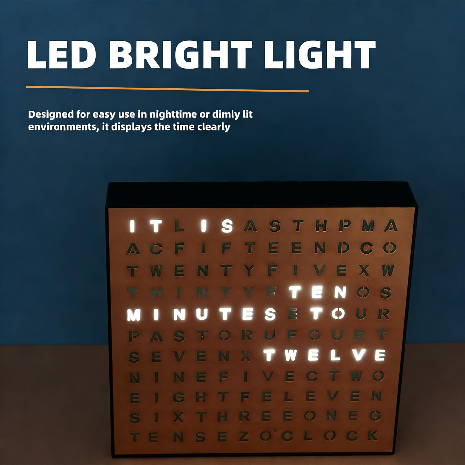 Horloge numérique Lumineuse à LED avec Affichage de l'heure en Toutes Lettres, à Fixer au Mur ou à Poser, idéale pour la Nuit ou Les environnements Peu éclairés.(Gold)
