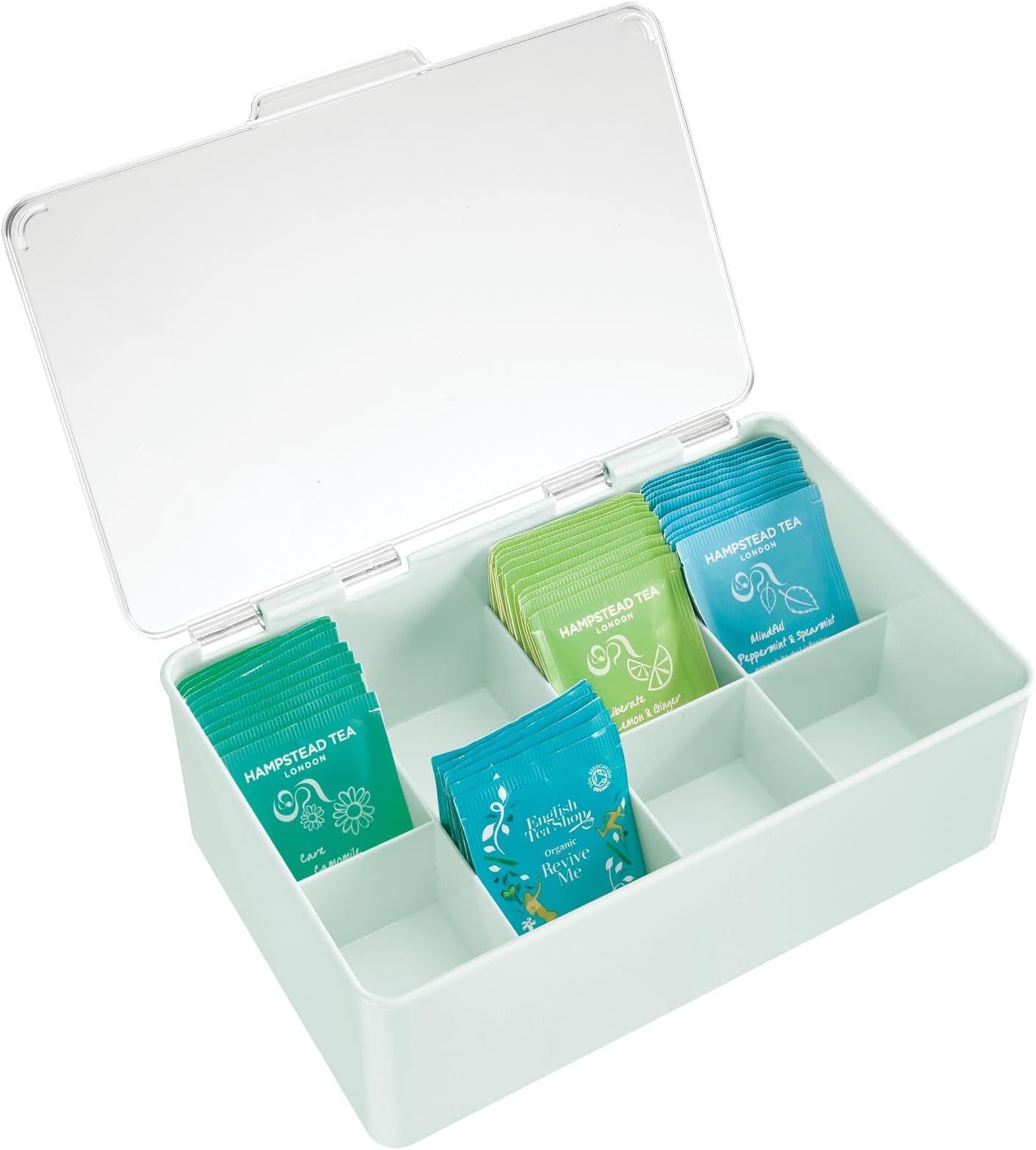 mDesign Tea Box with Hinged Lid – Stackable Plastic Storage Container for Sachets – Ideal for Use as a Condiment and Tea Bag Holder – Mint Green/Clear