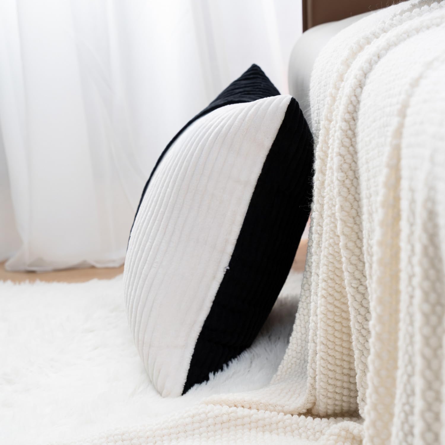 Black and Cream White Boho Striped Corduroy Throw Pillow Covers with Silver Leather Patchwork 20x20 Inch, Pack of 2, Double-Sided, Soft Spring Decorative Pillows for Couch and Living Room
