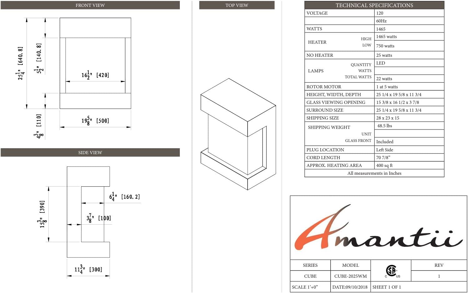 Example of the Amantii CUBE-2025WM electric fireplace installed as a wall-mounted unit in a modern room setting.