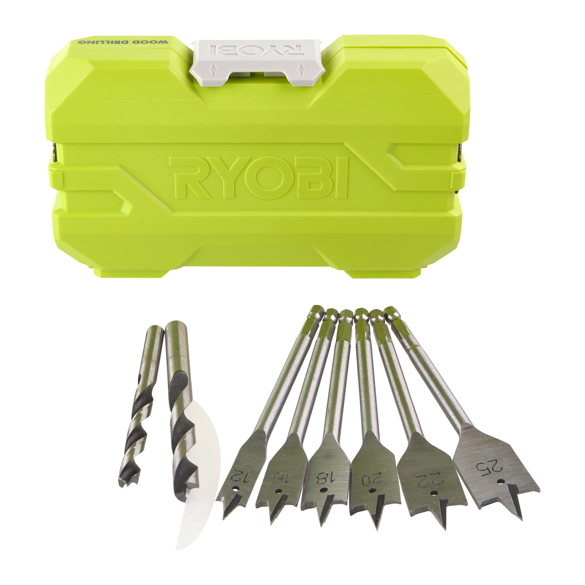 RYOBI-Caja empilable perforación madera 12 Accesórios (6 brocas + 6 pala)