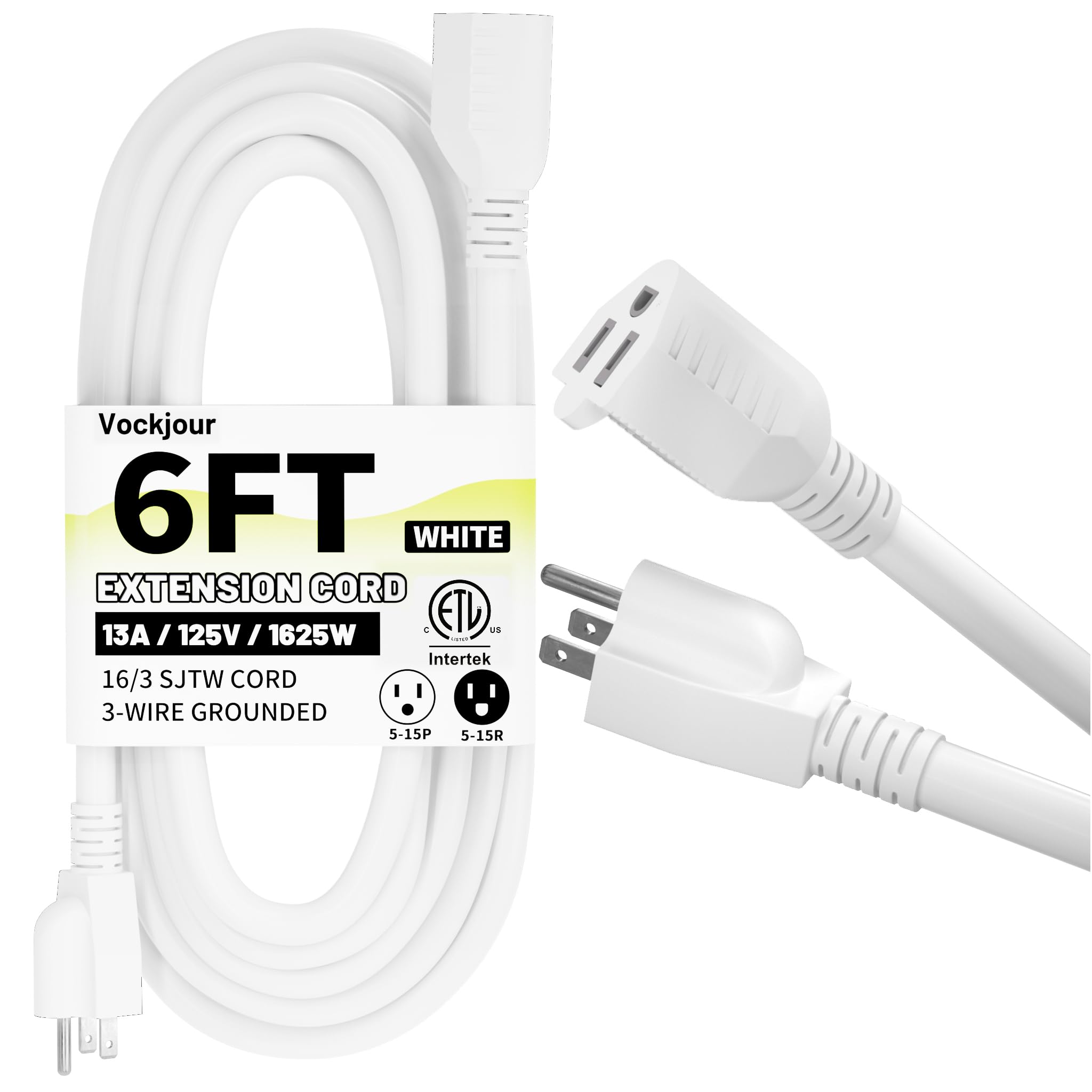 Photo 1 of 16/3 White Indoor Outdoor Extension Cord 6 Ft Waterproof, Extension Cord with 3 Prong Grounded Plug,13A 1625W 16AWG SJTW, Flexible Weatherproof Power Cable