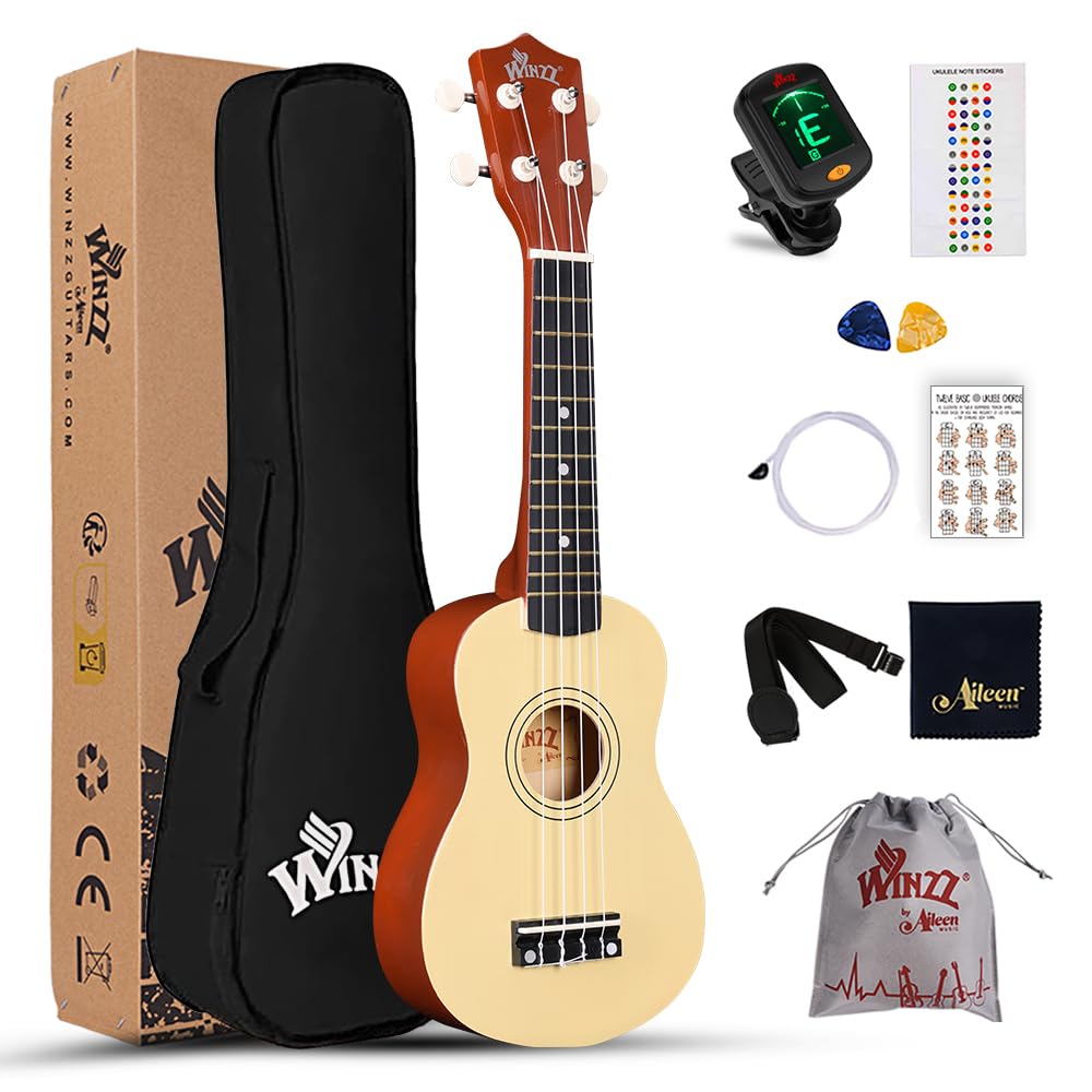 Winzz Ukulele for Kids 21 inch, Soprano Ukulele for Adults Beginner Children Starter Kit with 9 Accessories (Natural)