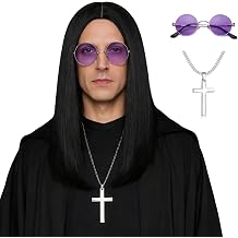 80s Long Black Rocker Wig + Glasses + Cross Necklace + Wig Cap for Men Straight Middle Part Heavy Metal Synthetic Costume Wigs for Party Cosplay Halloween 4pcs Set