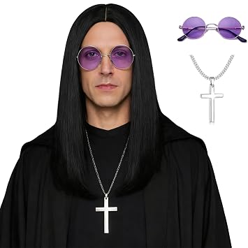 80s Long Black Rocker Wig + Glasses + Cross Necklace + Wig Cap for Men Straight Middle Part Heavy Metal Synthetic Costume Wigs for Party Cosplay Halloween 4pcs Set