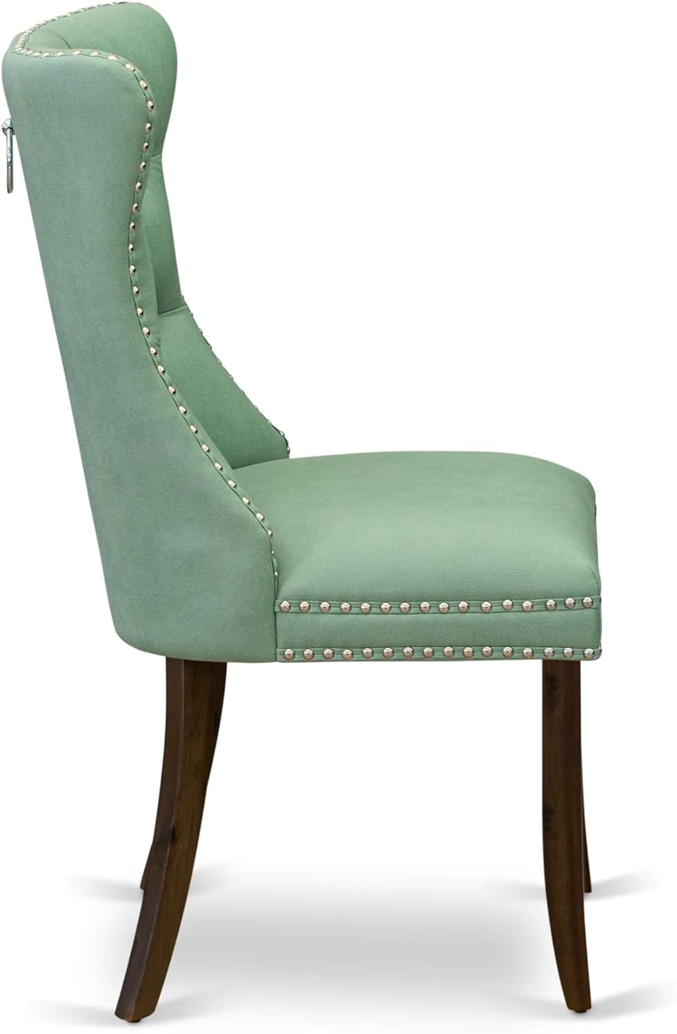 East West Furniture DAP8F22 Dallas Parson Dining Room Chairs - Button Tufted Nailhead Willow Green Faux Leather Padded Chairs, Set of 2, Antique Walnut