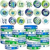 WATINC Ribbon Pins Accessories Set - 72Pcs Health Awareness Silicone Stretch Wristbands and Button Pin, Motivational Bracelet with Inspirational Message for Men Women (Happy Earth Day)