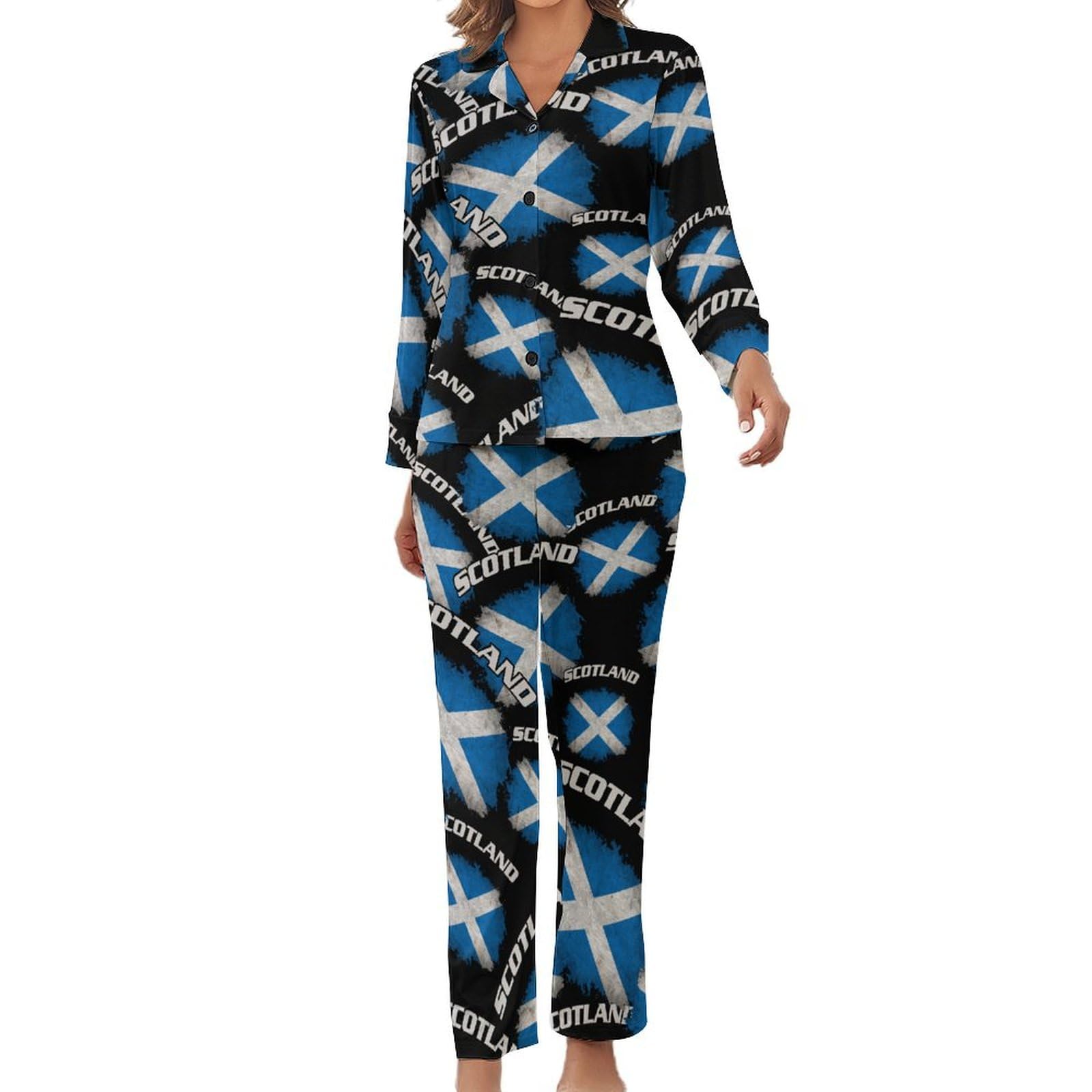 Kwqdozf Women's As Pic Scotland Flag Pajamas Set Long Sleeve Sleepwear Button Down Loungewear 2 Piece Pjs