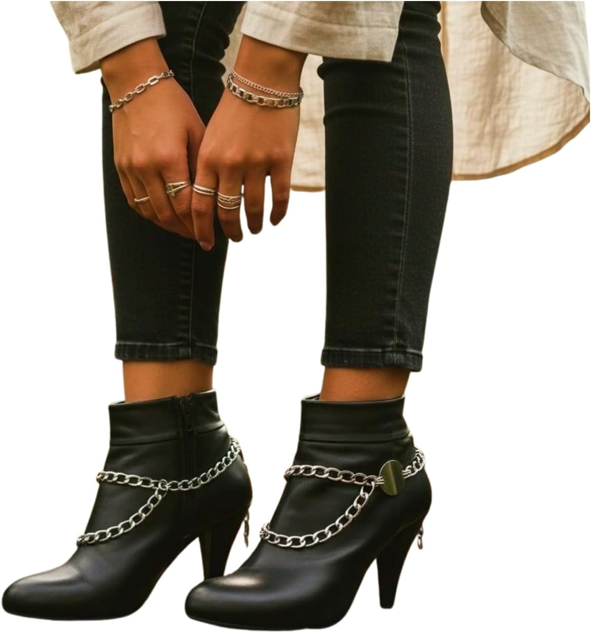 Trendy Fashion Jewelry Women’s Boot Chains – 2PCS Silver Boot Anklet Pair Circle Double Sided Coin Charms SET Handmade in USA Shoe Charm BC24
