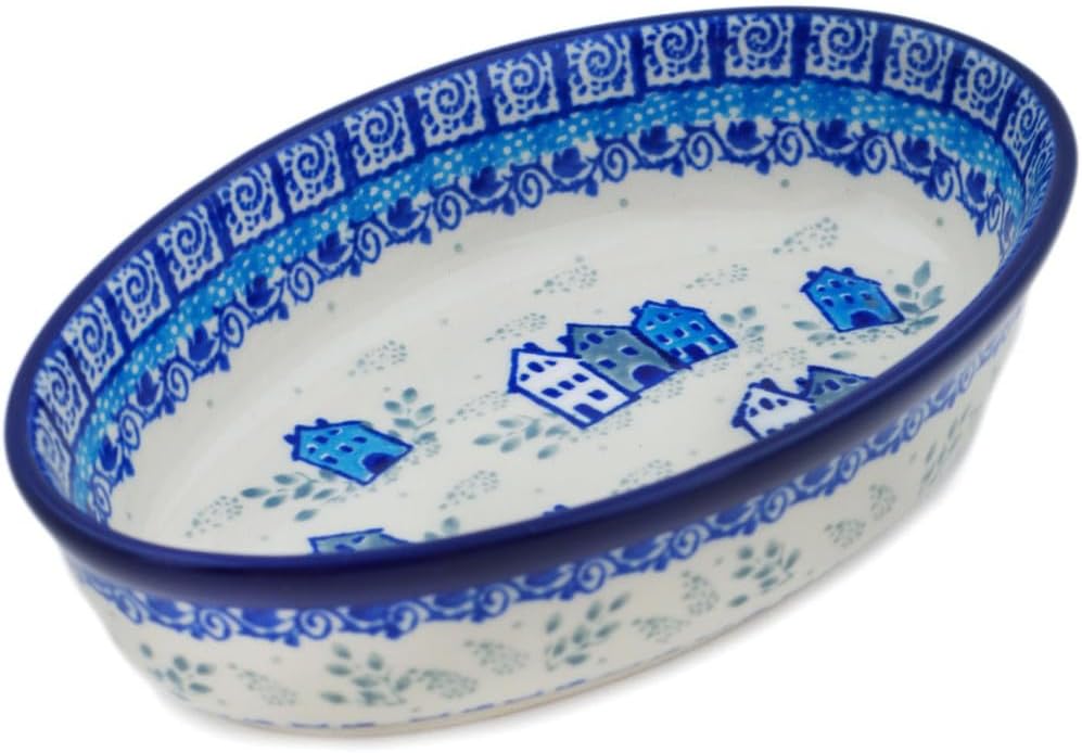 Polmedia Polish Pottery Condiment Dish UNIKAT - Arctic Village Pattern Handmade in Boleslawiec Poland by Ceramika Artystyczna + Certificate of Authenticity