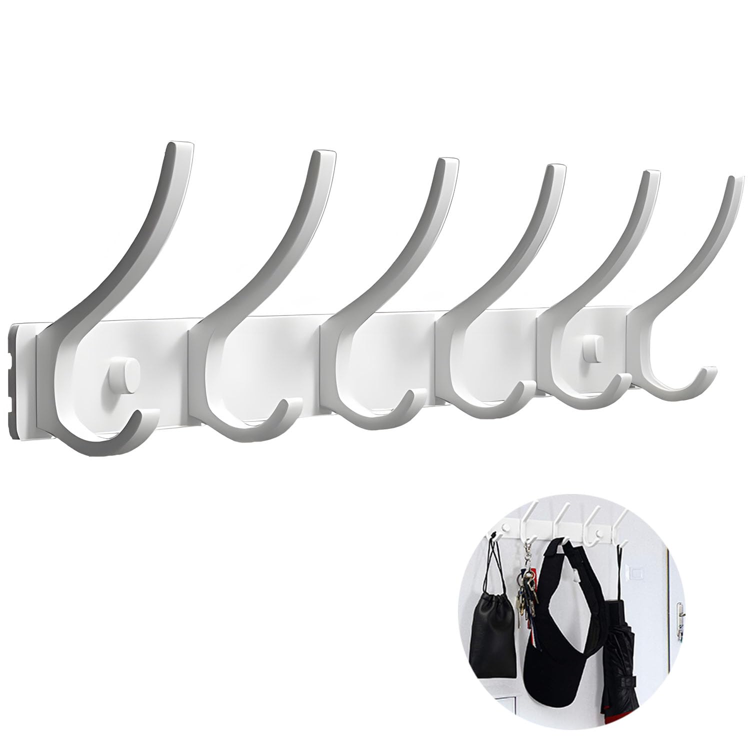 Coat Hook Wall Mounted, Coat Rack Wall Mount, No Need to Punch Holes Coat Hooks, Heavy Duty Metal Hook Rail with 6 Double Dual Hooks Hanger Wall Mount for Clothes, Jacket, Towel (White)